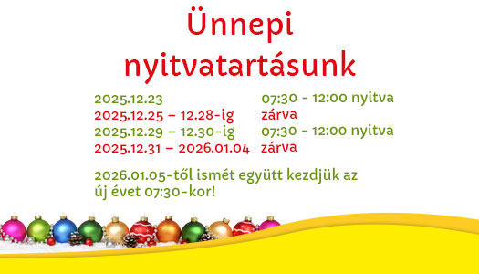 Ünnepnapokon érvényes nyitvatartási időnk